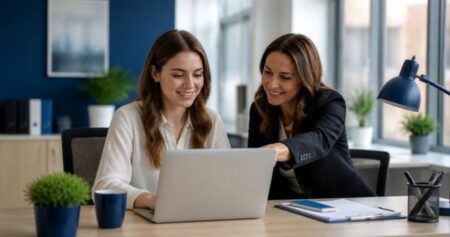 Young apprentice working alongside a colleague in a modern office during her apprenticeship