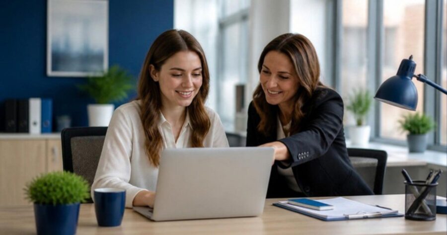 Young apprentice working alongside a colleague in a modern office during her apprenticeship