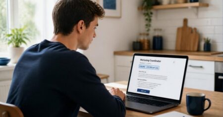 Job seeker reviewing a job advert with salary banding on a laptop