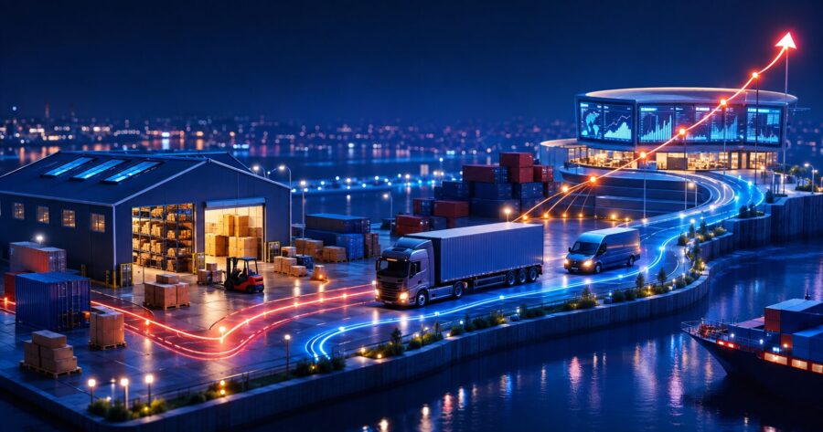 Careers in logistics UK illustrated by a warehouse, lorry, delivery van and progression route