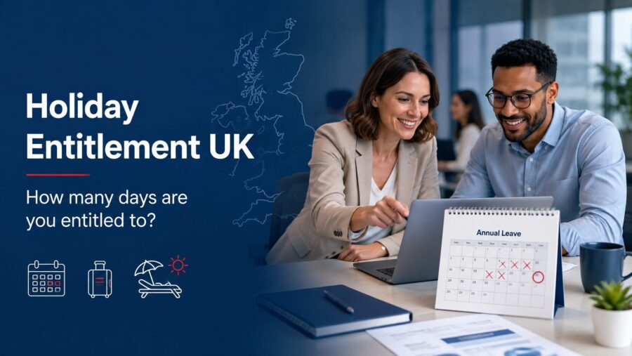 Two colleagues reviewing an annual leave calendar, illustrating holiday entitlement in the UK.